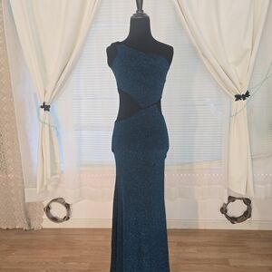 Elegant One-Shoulder Glitter Blue Black Asymmetric Long Evening Dress S